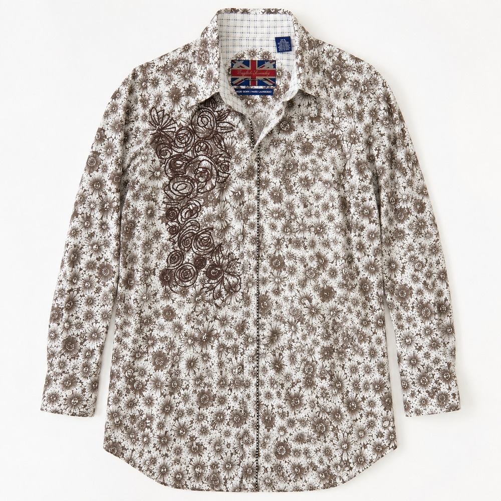 English Laundry Christopher Wicks Men Grey Button Down Embroidered Shirt Size XL